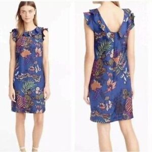 J Crew 100% silk cobalt blue tropical ruffle dress